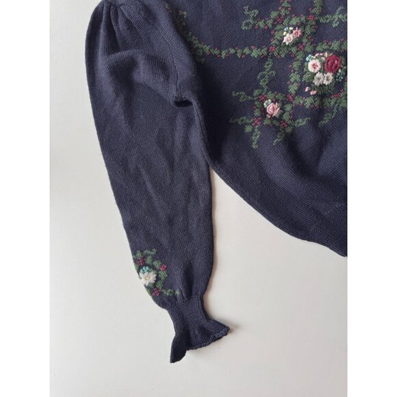 Vintage 90's HERMAN GEIST Navy Blue Knit Hand Embroidered Floral Sweater, Size S - Picture 8 of 12